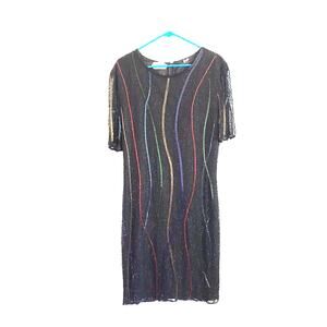 Vintage Swee Lo Silk Sequin Beaded Black Rainbow silk Cocktail Dress Sz L 10-12